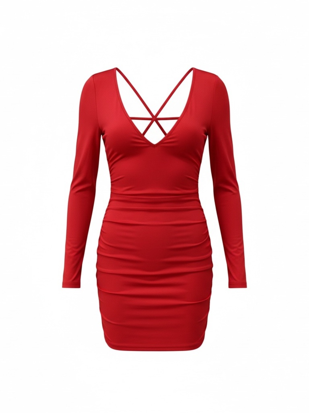 Red Long-Sleeve Ruched V-Neck Bodycon Dress